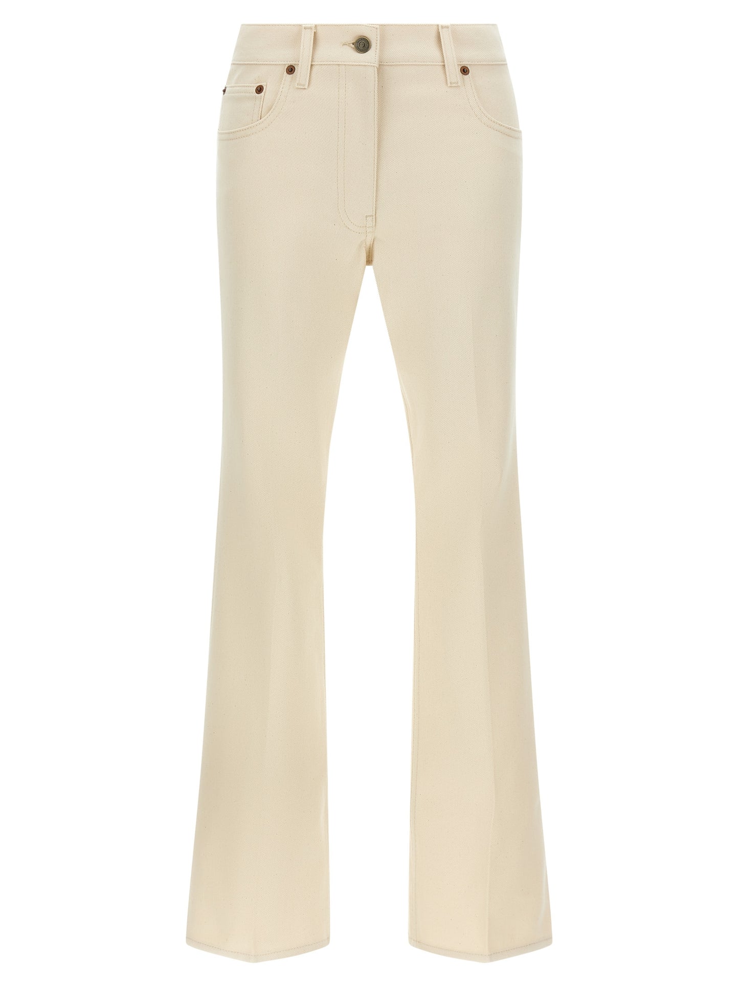 Jeans by Valentino Garavani for women in denim cotton beige presents a tailored silhouette, showcasing a tailored flared and long cut with a refined for a truly tailored aesthetic.