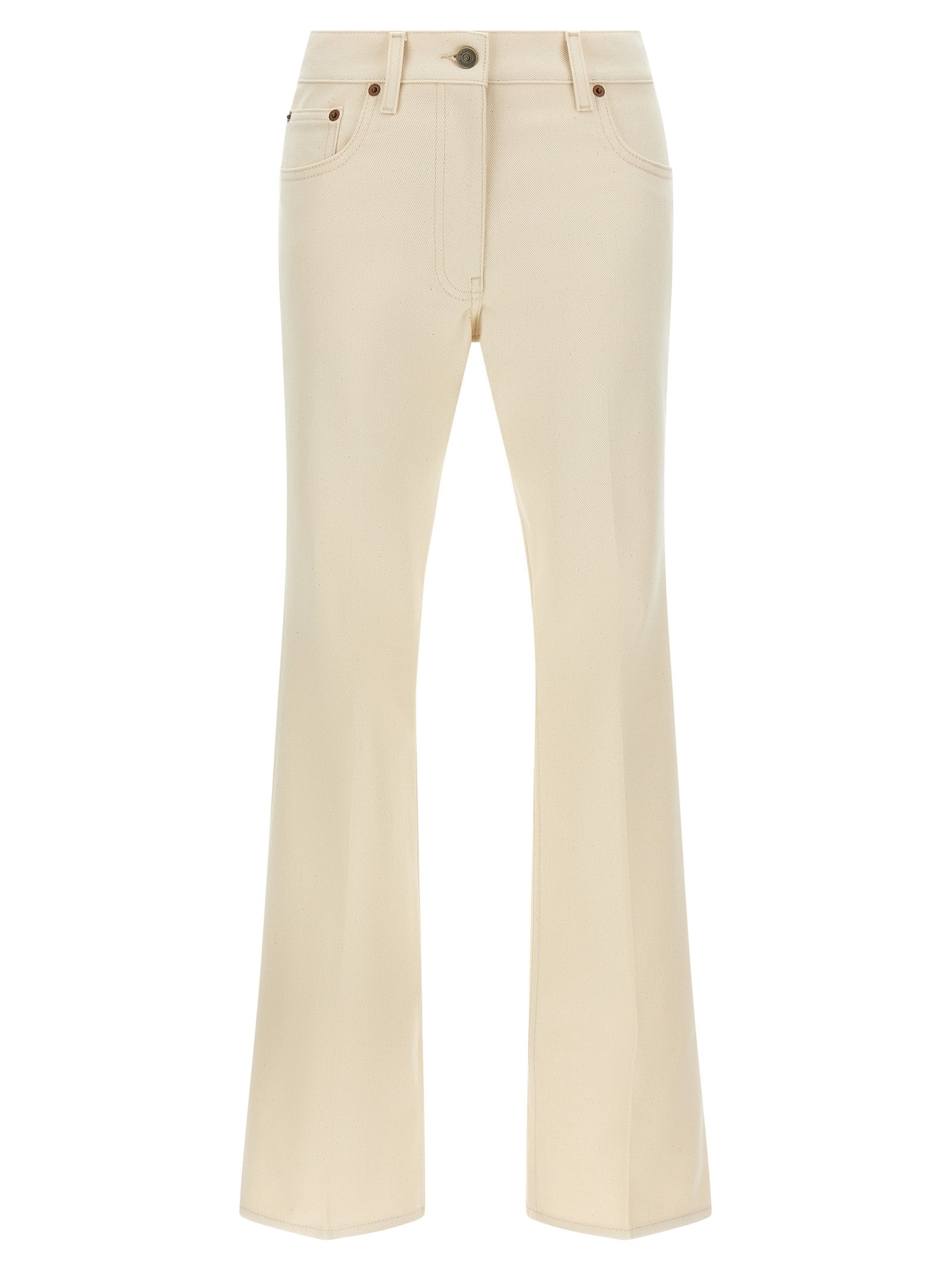 Jeans by Valentino Garavani for women in denim cotton beige presents a tailored silhouette, showcasing a tailored flared and long cut with a refined for a truly tailored aesthetic.