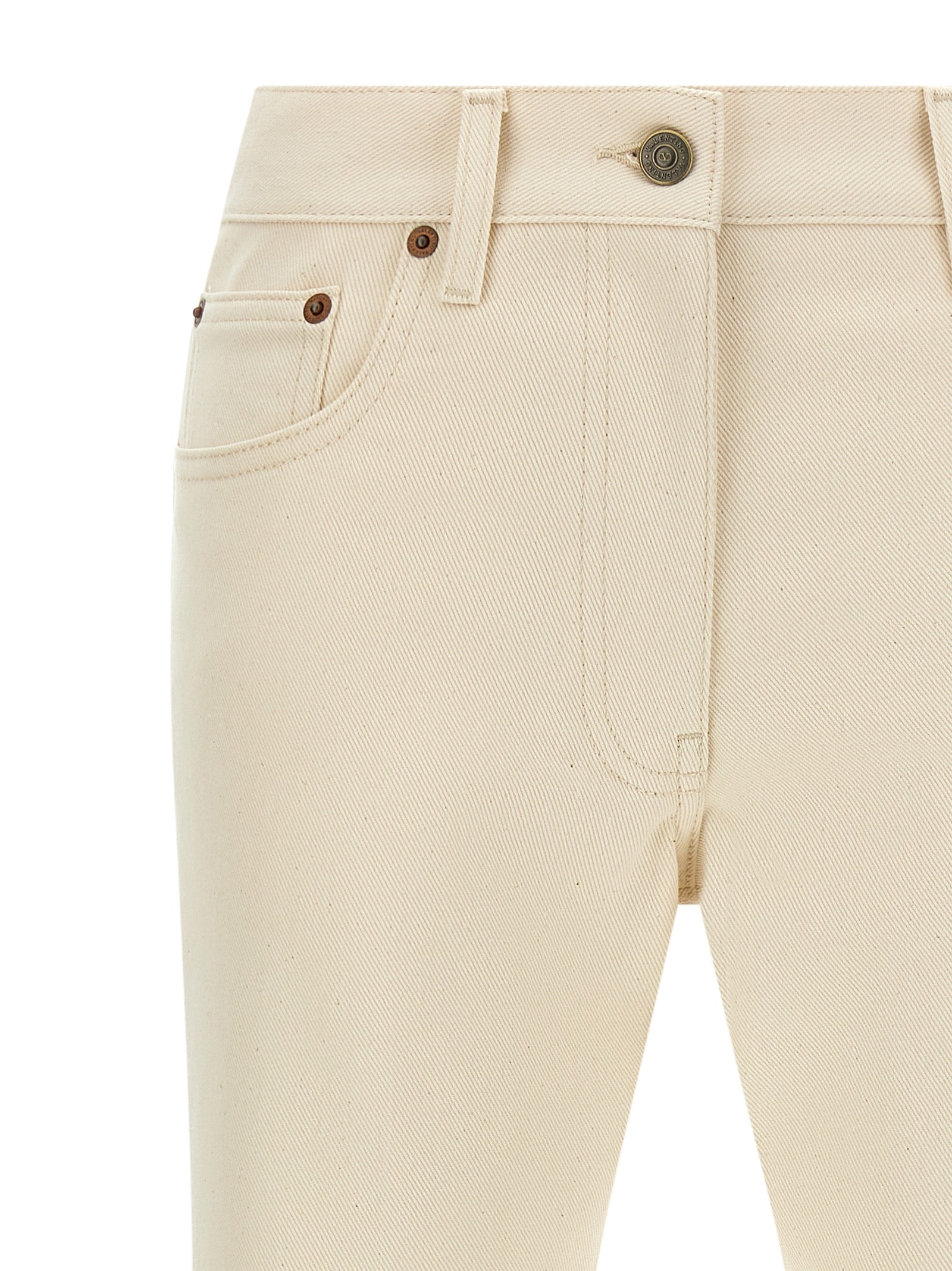 Jeans by Valentino Garavani for women in denim cotton beige features a polished silhouette with a polished flared, reaching a polished long and finished with a polished .