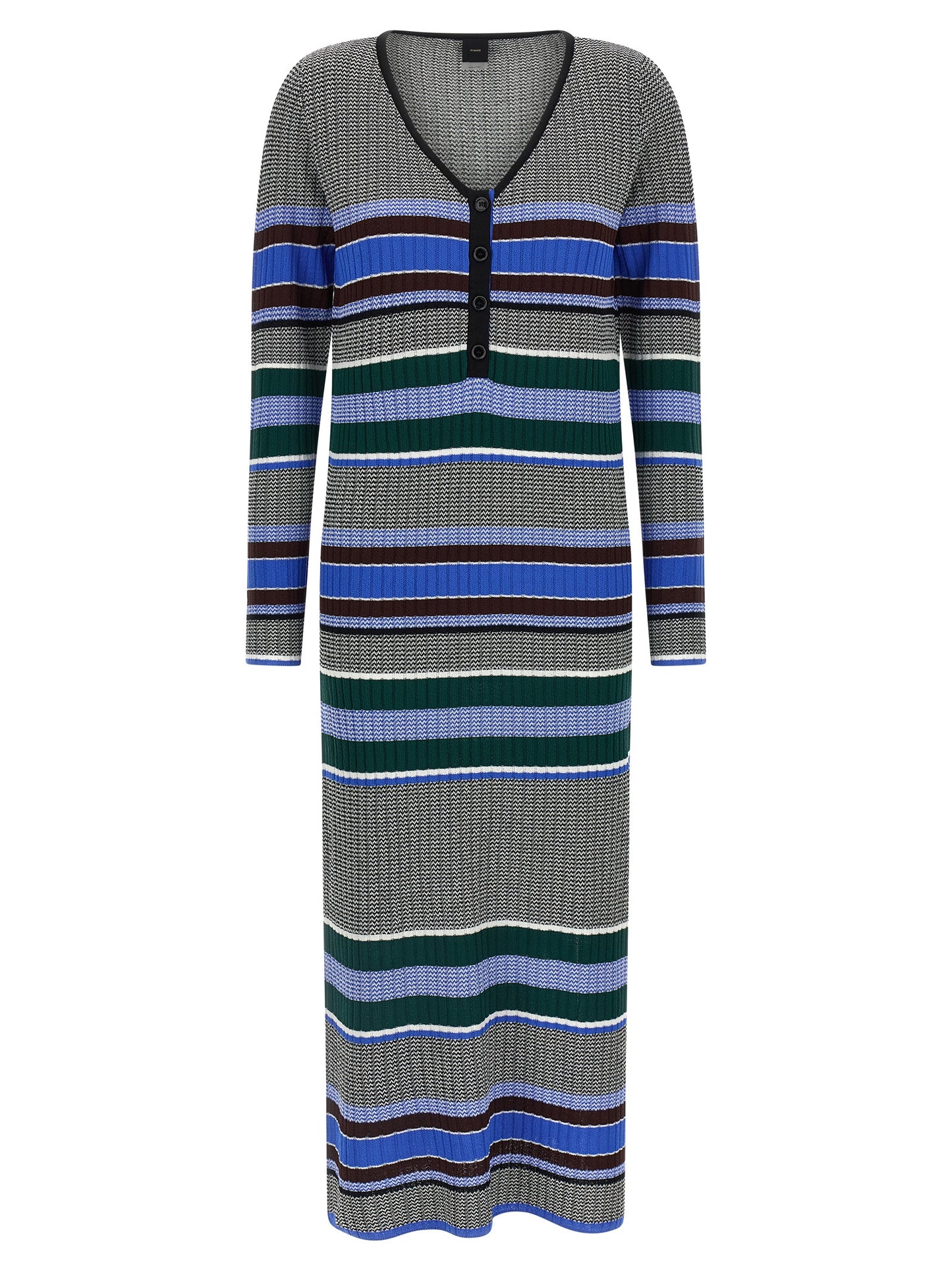 Dress by PINKO for women in polyamide viscose multicolor & striped features an eye catching silhouette with a sophisticated v-neck split neckline, elegant long-sleeve, and a refined maxi long for a eye catching aesthetic.