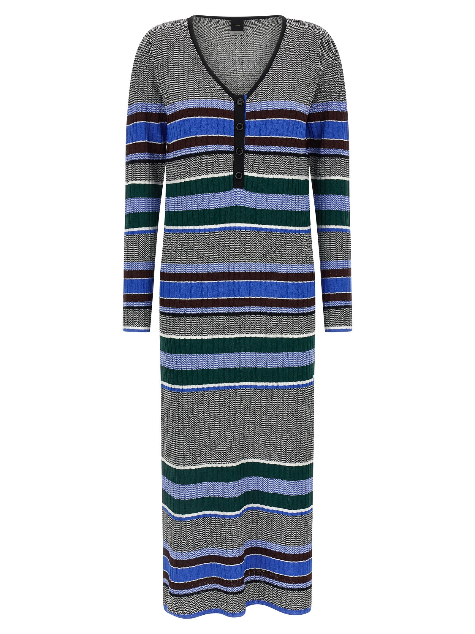 Dress by PINKO for women in polyamide viscose multicolor & striped features an eye catching silhouette with a sophisticated v-neck split neckline, elegant long-sleeve, and a refined maxi long for a eye catching aesthetic.