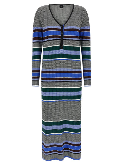 Dress by PINKO for women in polyamide viscose multicolor & striped features an eye catching silhouette with a sophisticated v-neck split neckline, elegant long-sleeve, and a refined maxi long for a eye catching aesthetic.
