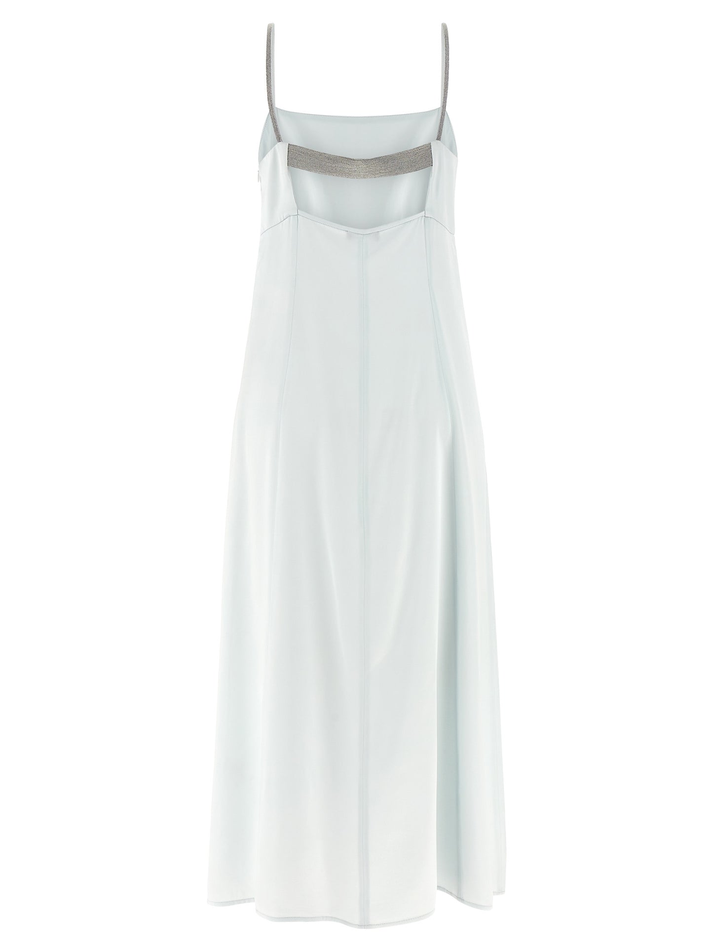 Dress by Peserico for women in viscose satin light-blue features an eye catching silhouette with a sophisticated round square neckline, elegant , and a refined long for a eye catching aesthetic.