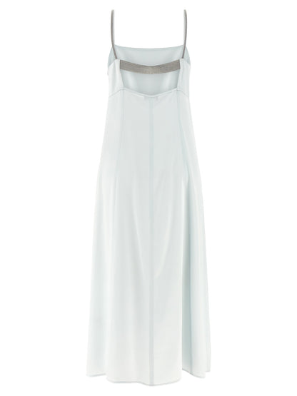 Dress by Peserico for women in viscose satin light-blue features an eye catching silhouette with a sophisticated round square neckline, elegant , and a refined long for a eye catching aesthetic.