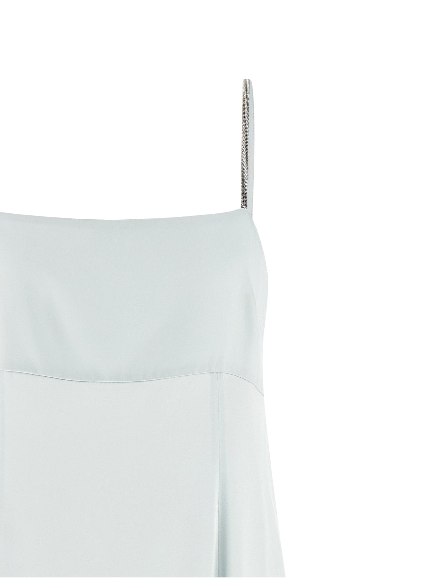 Dress by Peserico for women in viscose satin light-blue presents a sinuous silhouette, showcasing a sophisticated round square neckline and detailed with a sinuous long for a refined finish.