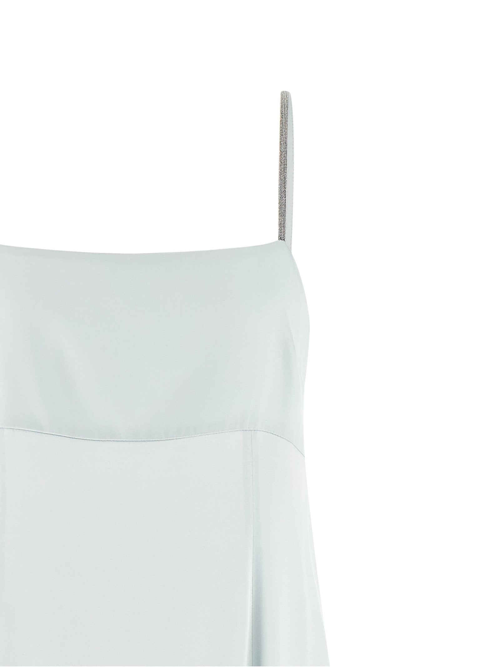 Dress by Peserico for women in viscose satin light-blue presents a sinuous silhouette, showcasing a sophisticated round square neckline and detailed with a sinuous long for a refined finish.