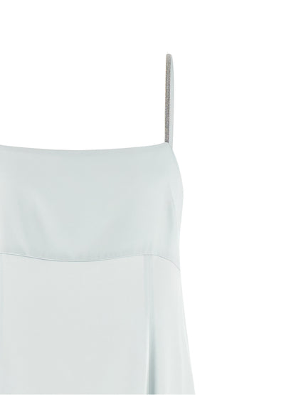 Dress by Peserico for women in viscose satin light-blue presents a sinuous silhouette, showcasing a sophisticated round square neckline and detailed with a sinuous long for a refined finish.