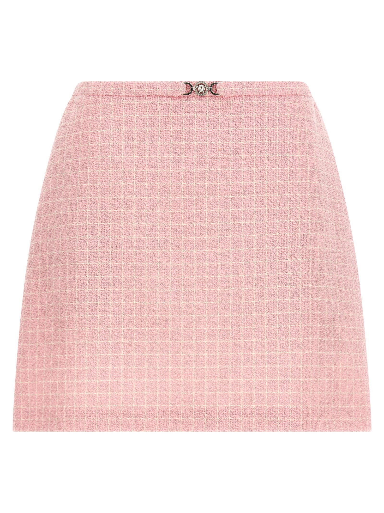 Skirt by Versace for women in virgin wool tweed nylon & cupro multicolor, pink & checked features an relaxed-yet-refined silhouette that elegantly showcases the Medusa Women's Flared Virgin Wool Tweed Nylon & Cupro Mini Long Skirt design and sophisticated mini long.