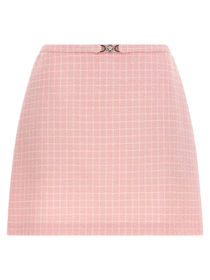 Skirt by Versace for women in virgin wool tweed nylon & cupro multicolor, pink & checked features an relaxed-yet-refined silhouette that elegantly showcases the Medusa Women's Flared Virgin Wool Tweed Nylon & Cupro Mini Long Skirt design and sophisticated mini long.