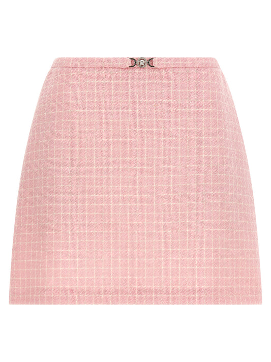 Skirt by Versace for women in virgin wool tweed nylon & cupro multicolor, pink & checked features an relaxed-yet-refined silhouette that elegantly showcases the Medusa Women's Flared Virgin Wool Tweed Nylon & Cupro Mini Long Skirt design and sophisticated mini long.