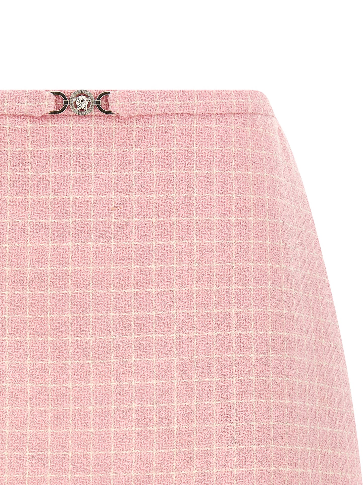Skirt by Versace for women in virgin wool tweed nylon & cupro multicolor, pink & checked features a sublime silhouette, showcasing the sublime design of the Medusa Women's Flared Virgin Wool Tweed Nylon & Cupro Mini Long Skirt in a sophisticated mini long.