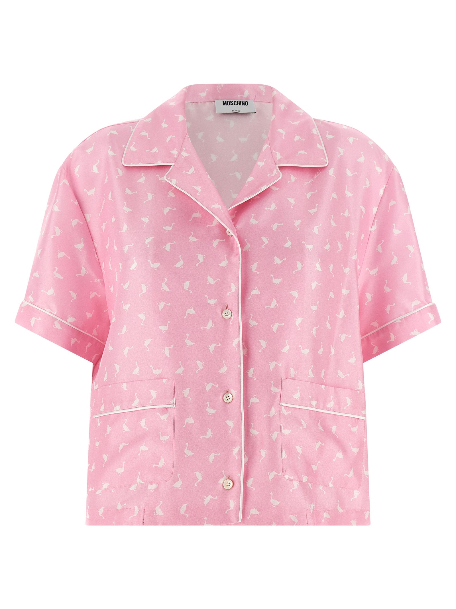 Blouse by Moschino for women in silk twill multicolor, pink & print showcases a sleek silhouette, elegantly detailed with a sleek and short-sleeve for a sleek finish.
