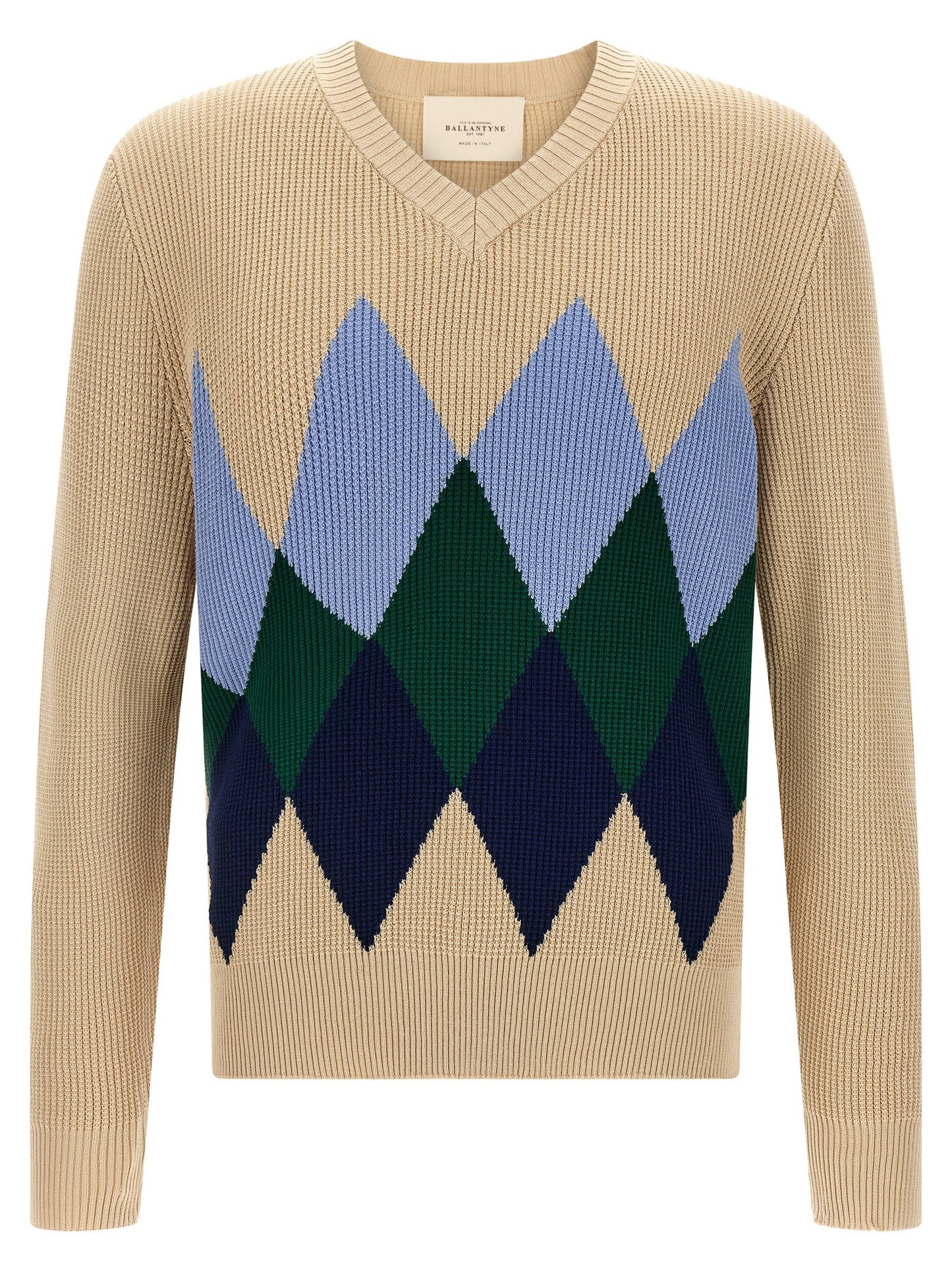 Cardigan by Ballantyne for men in cotton beige, patterned, argyle & jacquard presents a textural silhouette, artfully finished with a textural v-neck neckline and for a sophisticated, textural look.