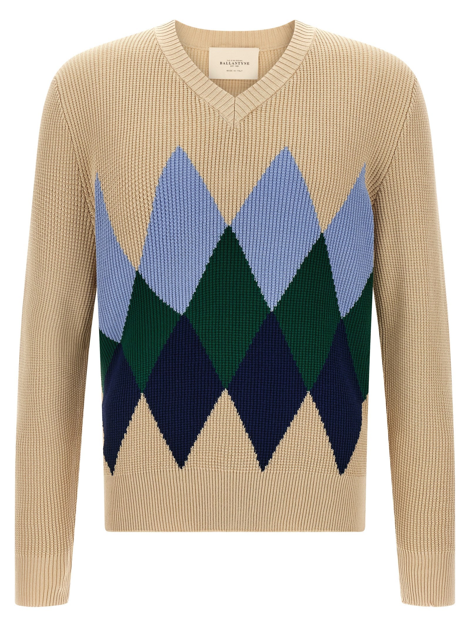 Cardigan by Ballantyne for men in cotton beige, patterned, argyle & jacquard presents a textural silhouette, artfully finished with a textural v-neck neckline and for a sophisticated, textural look.