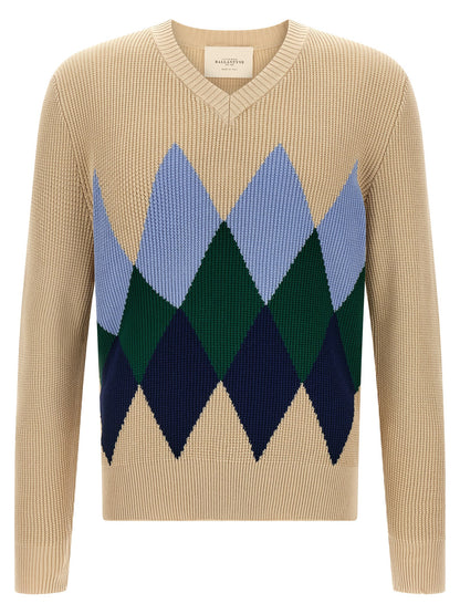 Cardigan by Ballantyne for men in cotton beige, patterned, argyle & jacquard presents a textural silhouette, artfully finished with a textural v-neck neckline and for a sophisticated, textural look.