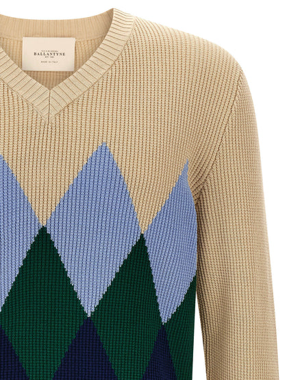 Cardigan by Ballantyne for men in cotton beige, patterned, argyle & jacquard features an impeccable silhouette, showcasing a sophisticated v-neck neckline and detail for a truly impeccable finish.
