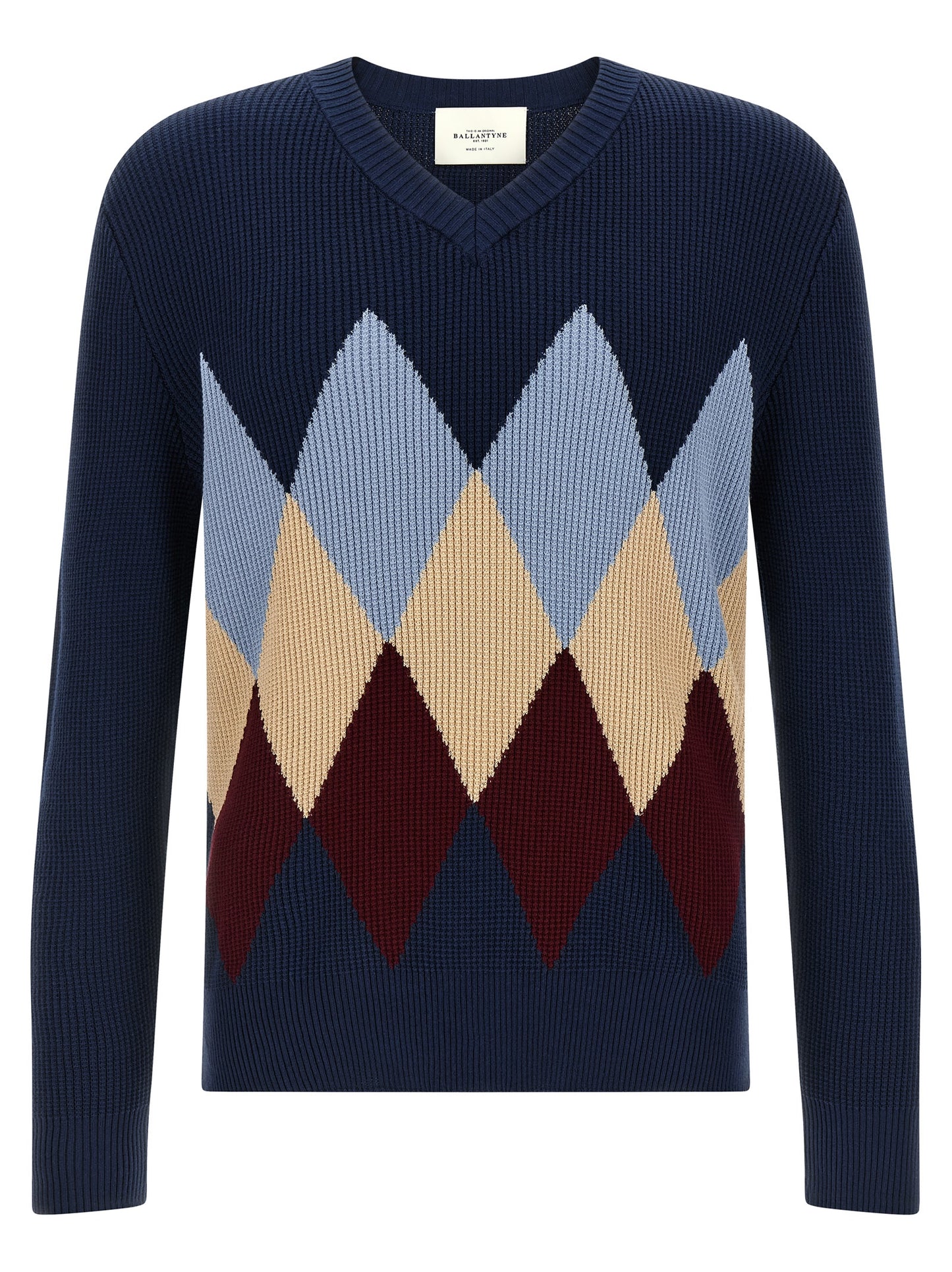 Cardigan by Ballantyne for men in cotton blue, patterned, argyle & jacquard features a nuanced silhouette with a refined v-neck neckline and nuanced detailing for a sophisticated look.