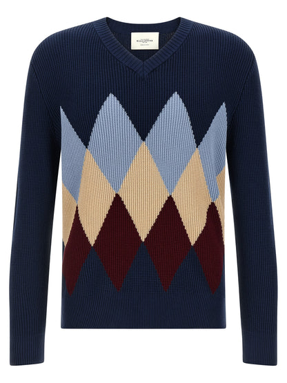 Cardigan by Ballantyne for men in cotton blue, patterned, argyle & jacquard features a nuanced silhouette with a refined v-neck neckline and nuanced detailing for a sophisticated look.