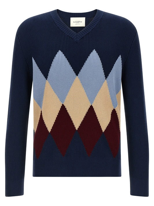 Cardigan by Ballantyne for men in cotton blue, patterned, argyle & jacquard features a nuanced silhouette with a refined v-neck neckline and nuanced detailing for a sophisticated look.