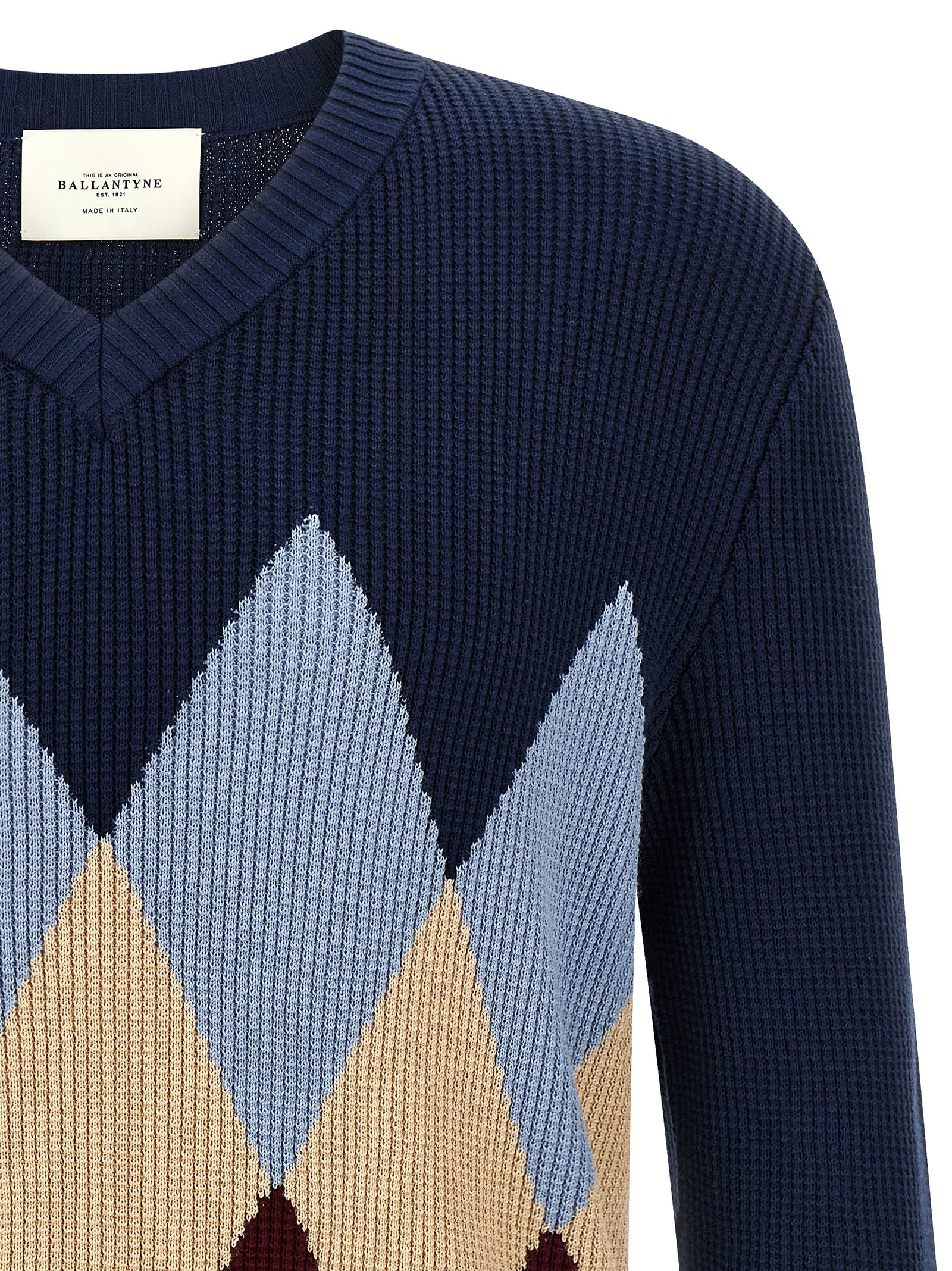Cardigan by Ballantyne for men in cotton blue, patterned, argyle & jacquard features a dramatic silhouette, showcasing a sophisticated v-neck neckline and dramatic detail for a timeless, premium look.