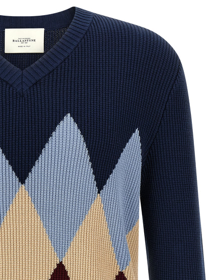 Cardigan by Ballantyne for men in cotton blue, patterned, argyle & jacquard features a dramatic silhouette, showcasing a sophisticated v-neck neckline and dramatic detail for a timeless, premium look.