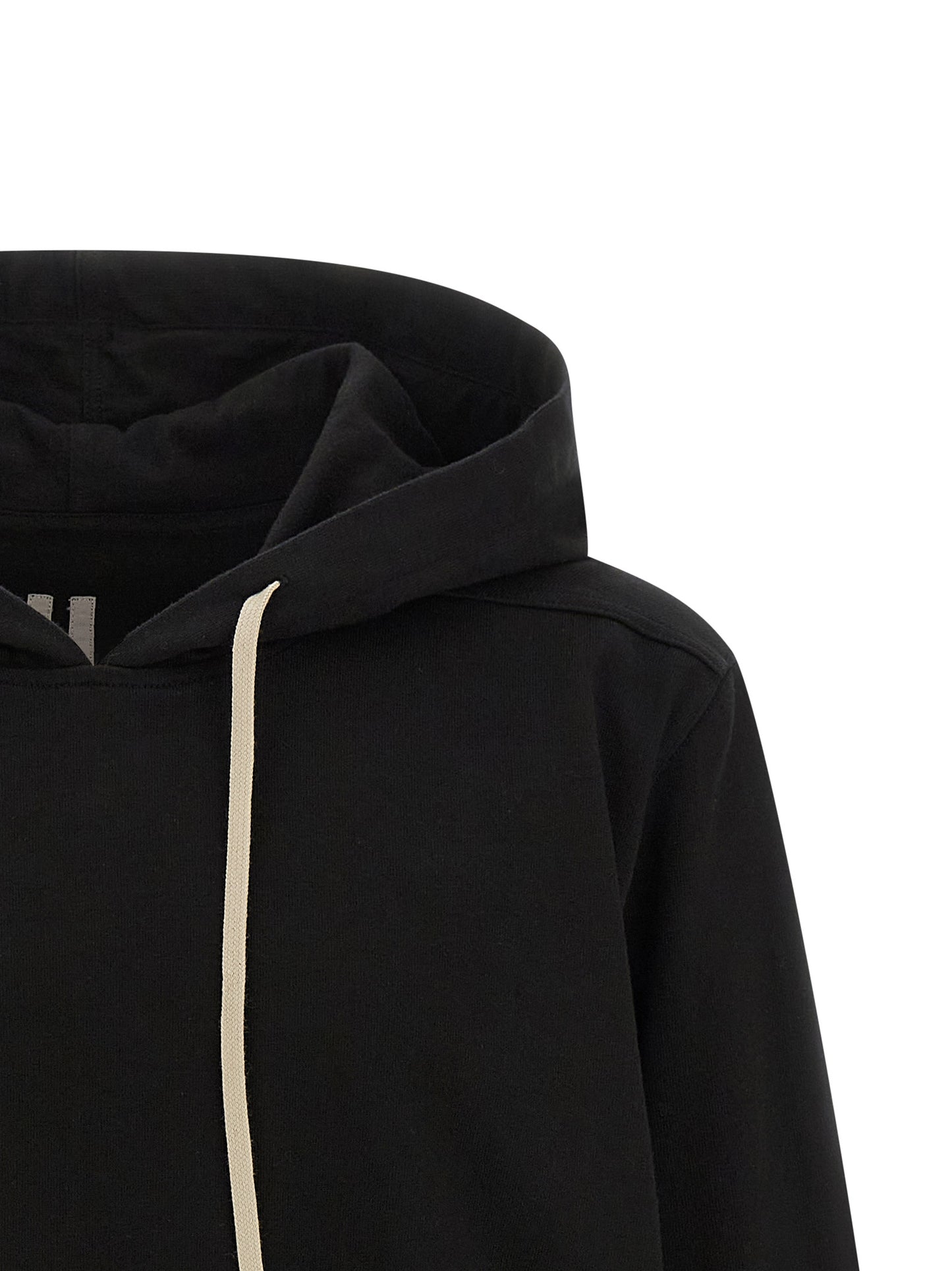 Sweatshirt Hoodie by Rick Owens for men in cotton black & print features an dramatic silhouette, showcasing a sophisticated hooded neckline and dramatic for a refined, modern aesthetic.
