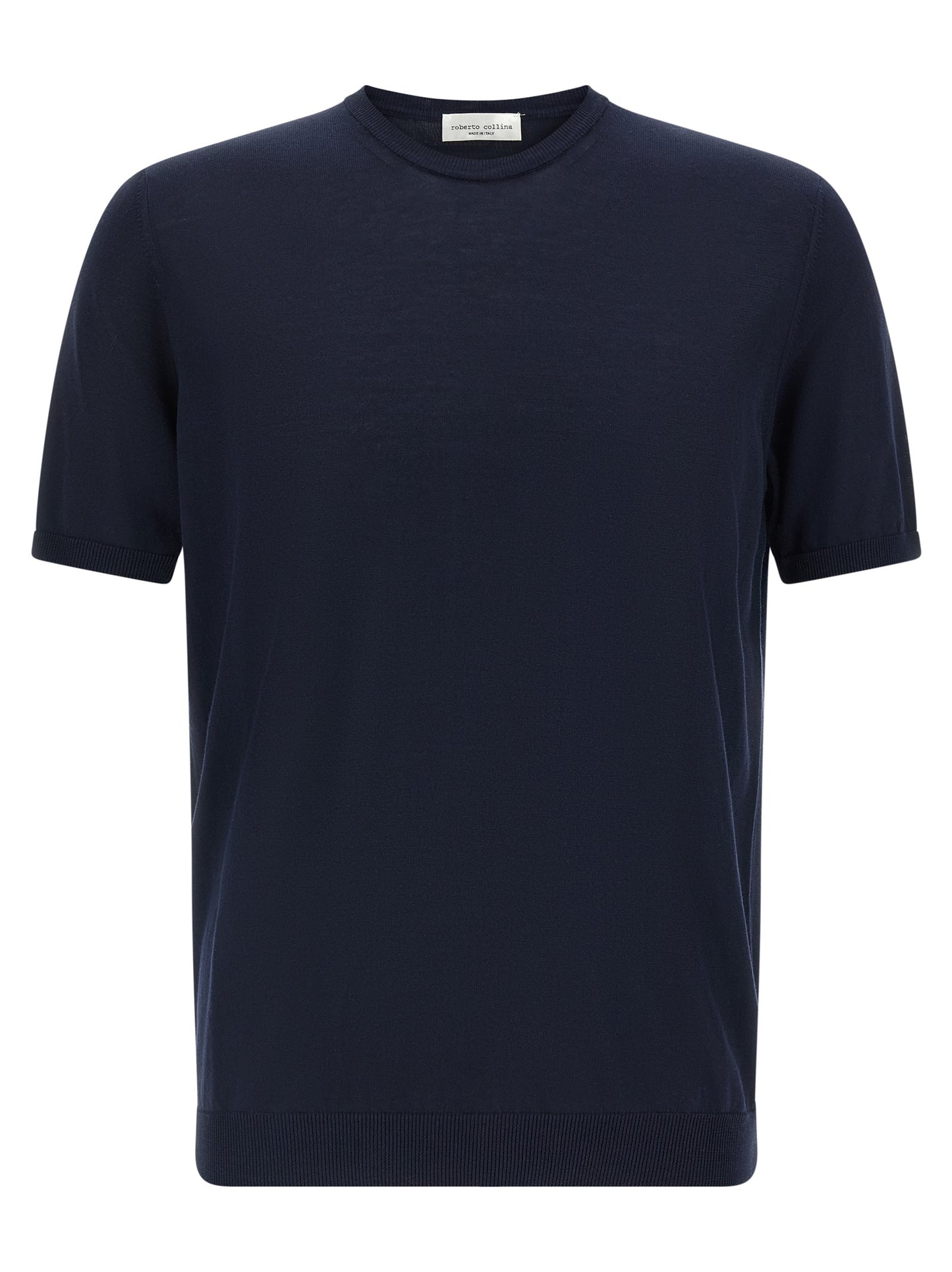 Cardigan by Roberto Collina for men in cotton blue showcases a captivating silhouette, artfully detailed with a captivating short-sleeve and crew neckline for a truly sophisticated captivating look.