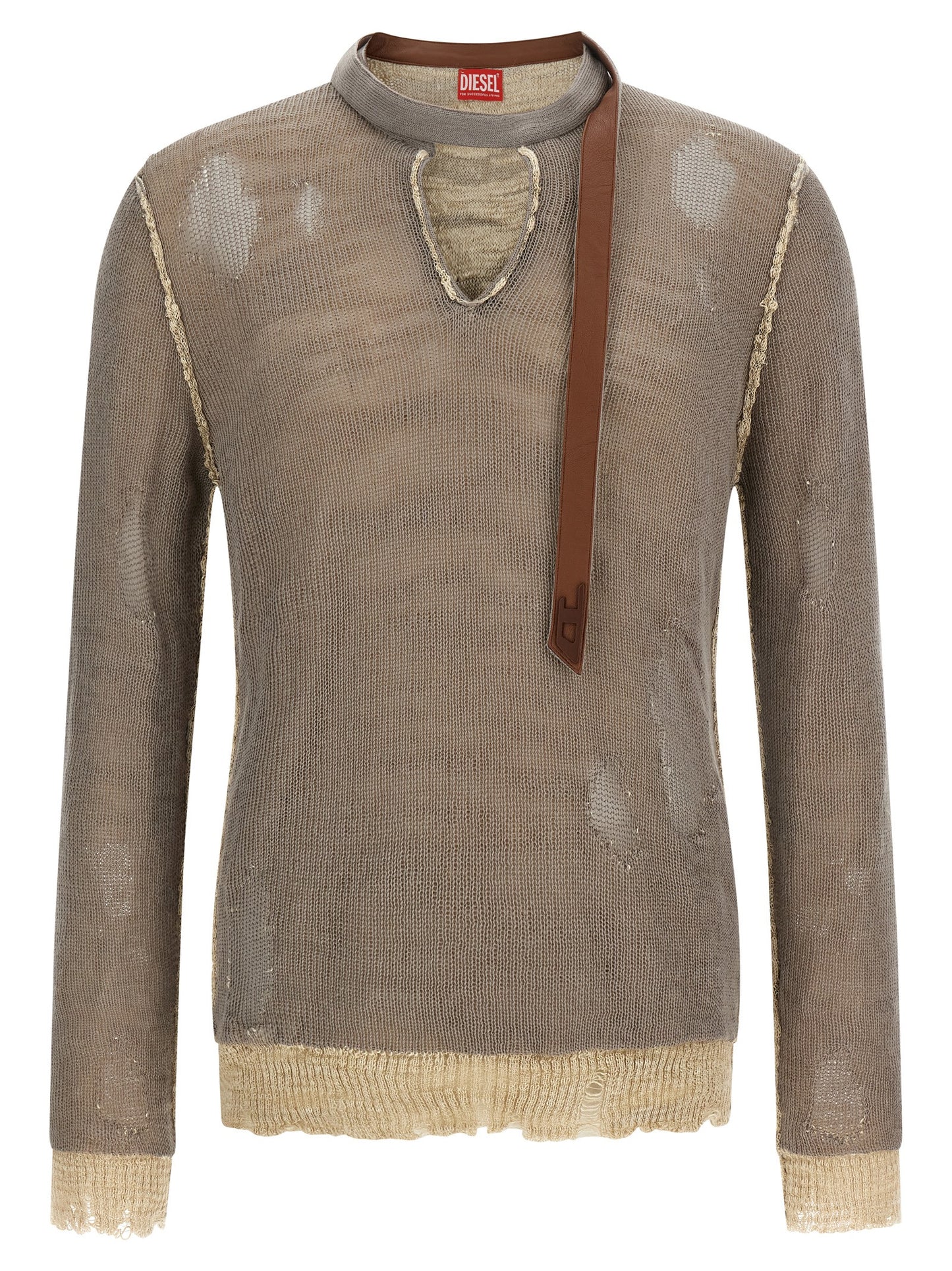 Cardigan by Diesel for men in leather linen & cotton gray & jacquard showcases a luxurious silhouette, meticulously detailed with a sophisticated v-neck neckline and long-sleeve for a refined finish.