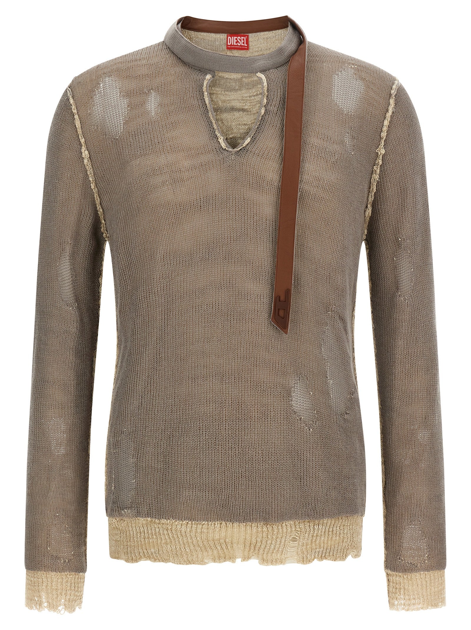 Cardigan by Diesel for men in leather linen & cotton gray & jacquard showcases a luxurious silhouette, meticulously detailed with a sophisticated v-neck neckline and long-sleeve for a refined finish.