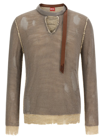 Cardigan by Diesel for men in leather linen & cotton gray & jacquard showcases a luxurious silhouette, meticulously detailed with a sophisticated v-neck neckline and long-sleeve for a refined finish.