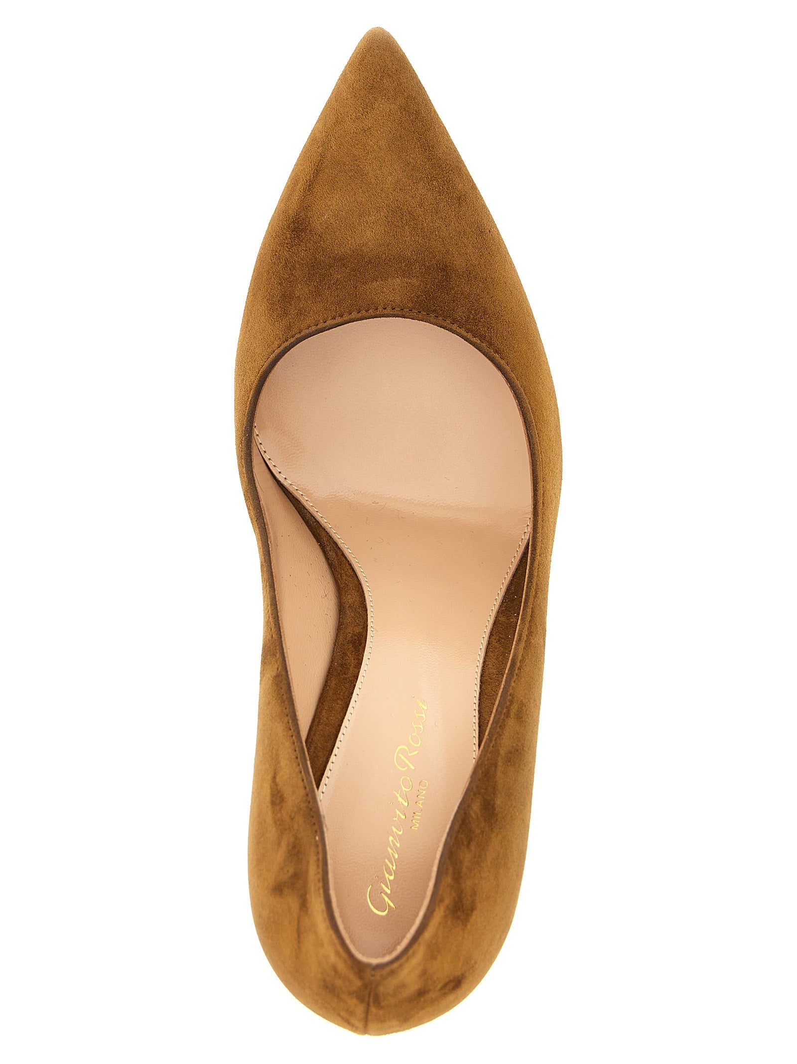 High-Heel Stiletto Pumps Heels by Gianvito Rossi for women in bos taurus suede leather brown features an captivating silhouette, showcasing the elegant Women's Bos Taurus Suede Leather High-Heel Stiletto Pumps Heels design with a stiletto high-heel and a sophisticated pointed toe style.