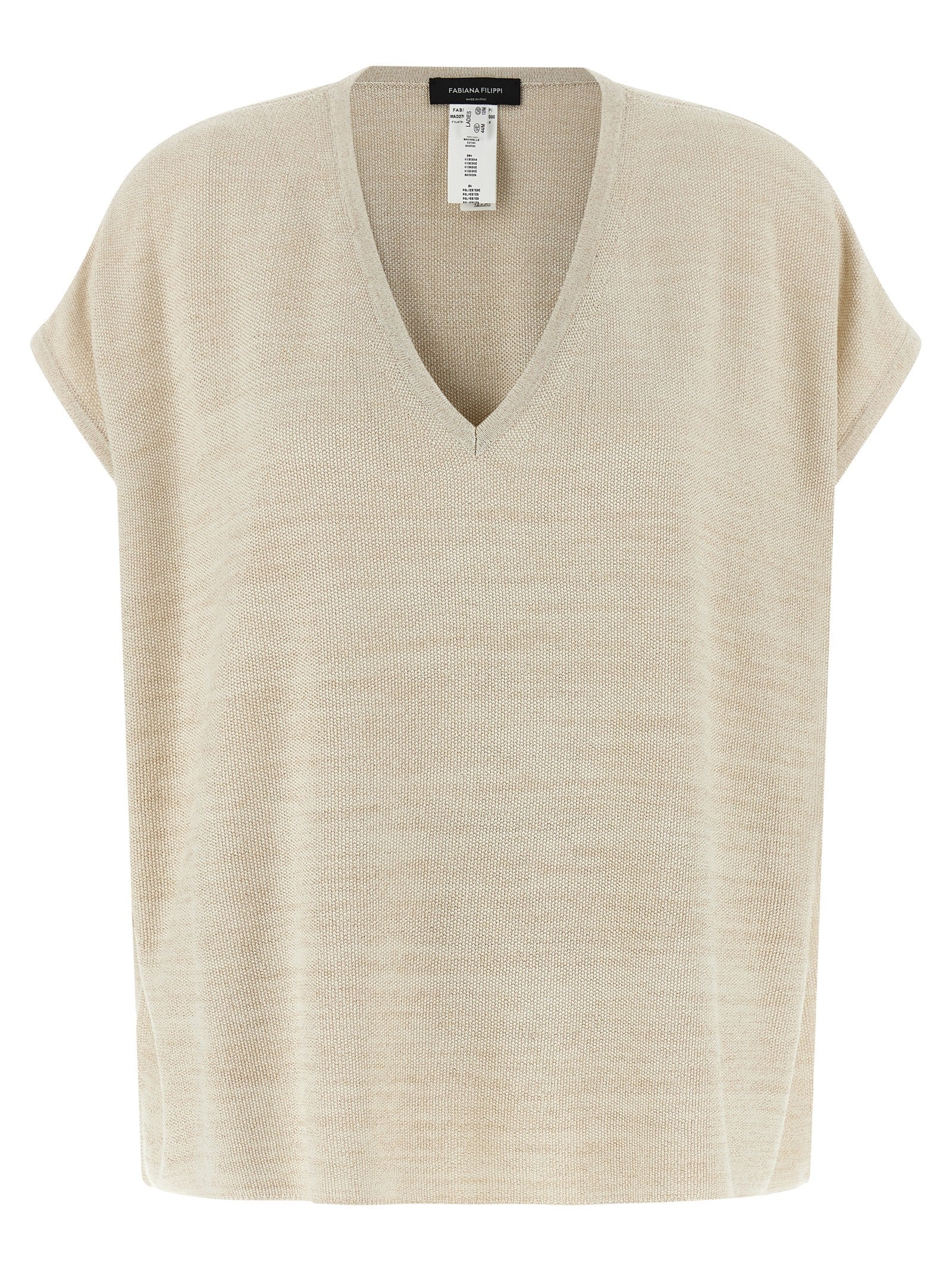 Cardigan by Fabiana Filippi for women in viscose polyester cotton gold features an impeccable silhouette, showcasing a sophisticated v-neck neckline and short-sleeve detail for a truly impeccable finish.