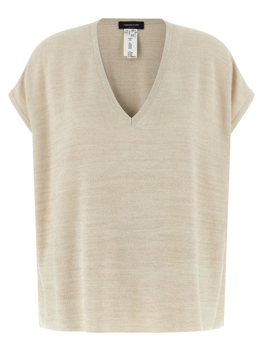 Cardigan by Fabiana Filippi for women in viscose polyester cotton gold features an impeccable silhouette, showcasing a sophisticated v-neck neckline and short-sleeve detail for a truly impeccable finish.