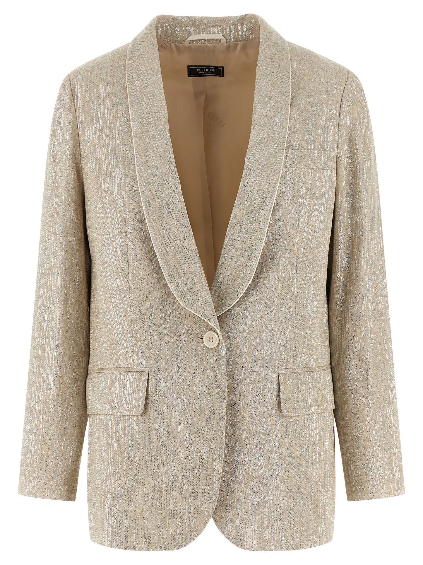 Blazer by Peserico for women in linen poly cotton & viscose beige, pearl & monogram showcases a polished silhouette, highlighted by a refined shawl-collar neckline and polished for a sophisticated finish.