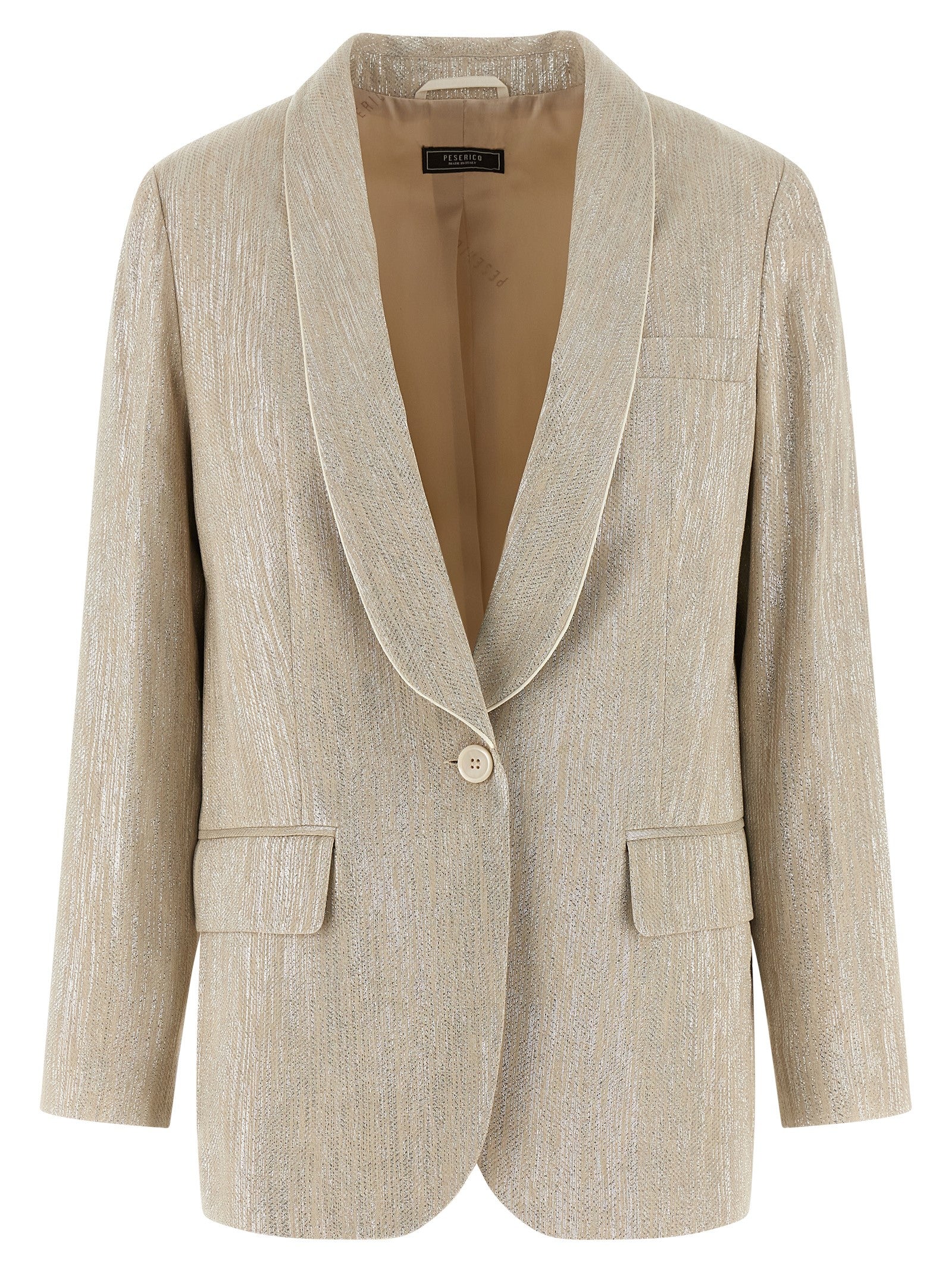 Blazer by Peserico for women in linen poly cotton & viscose beige, pearl & monogram showcases a polished silhouette, highlighted by a refined shawl-collar neckline and polished for a sophisticated finish.