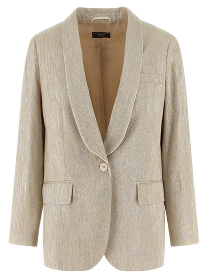 Blazer by Peserico for women in linen poly cotton & viscose beige, pearl & monogram showcases a polished silhouette, highlighted by a refined shawl-collar neckline and polished for a sophisticated finish.