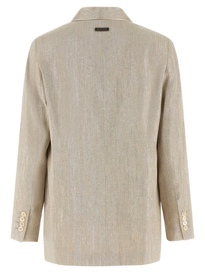 Blazer by Peserico for women in linen poly cotton & viscose beige, pearl & monogram features an crisp silhouette with sophisticated and a crisp shawl-collar neckline for a truly crisp finish.