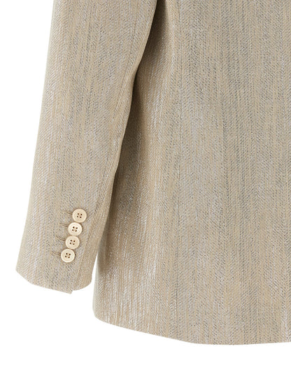 Blazer by Peserico for women in linen poly cotton & viscose beige, pearl & monogram features an sartorial silhouette, showcasing a sophisticated shawl-collar neckline and sartorial for a truly sartorial finish.