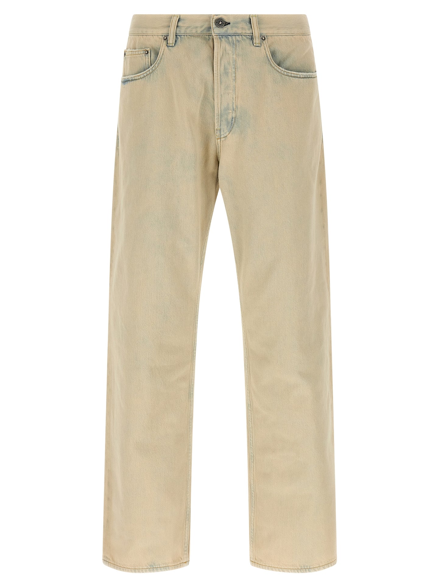 Jeans by Golden Goose for men in denim cotton beige presents a tailored silhouette, showcasing a tailored straight-leg & wide and long cut with a refined for a truly tailored aesthetic.