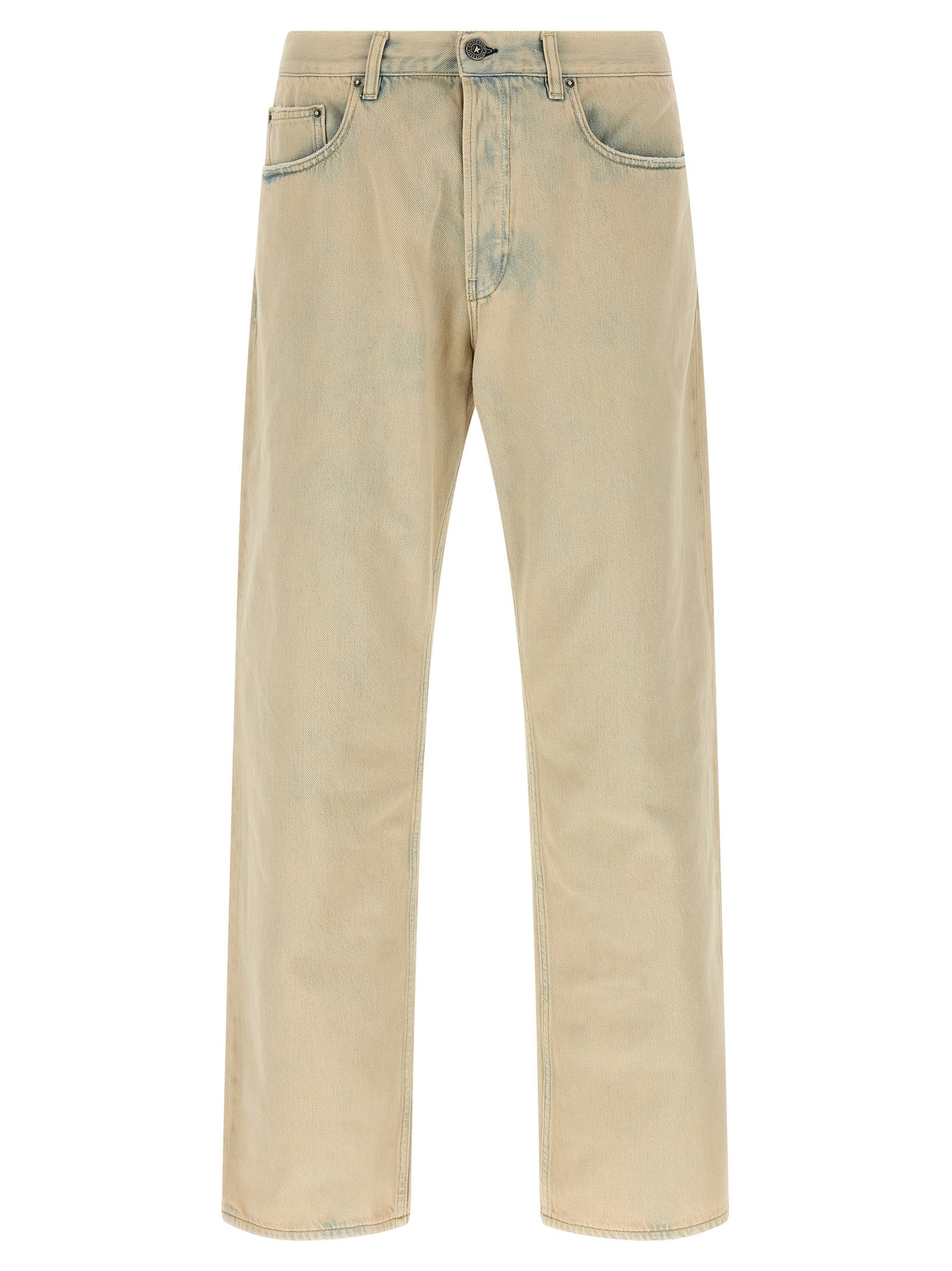 Jeans by Golden Goose for men in denim cotton beige presents a tailored silhouette, showcasing a tailored straight-leg & wide and long cut with a refined for a truly tailored aesthetic.