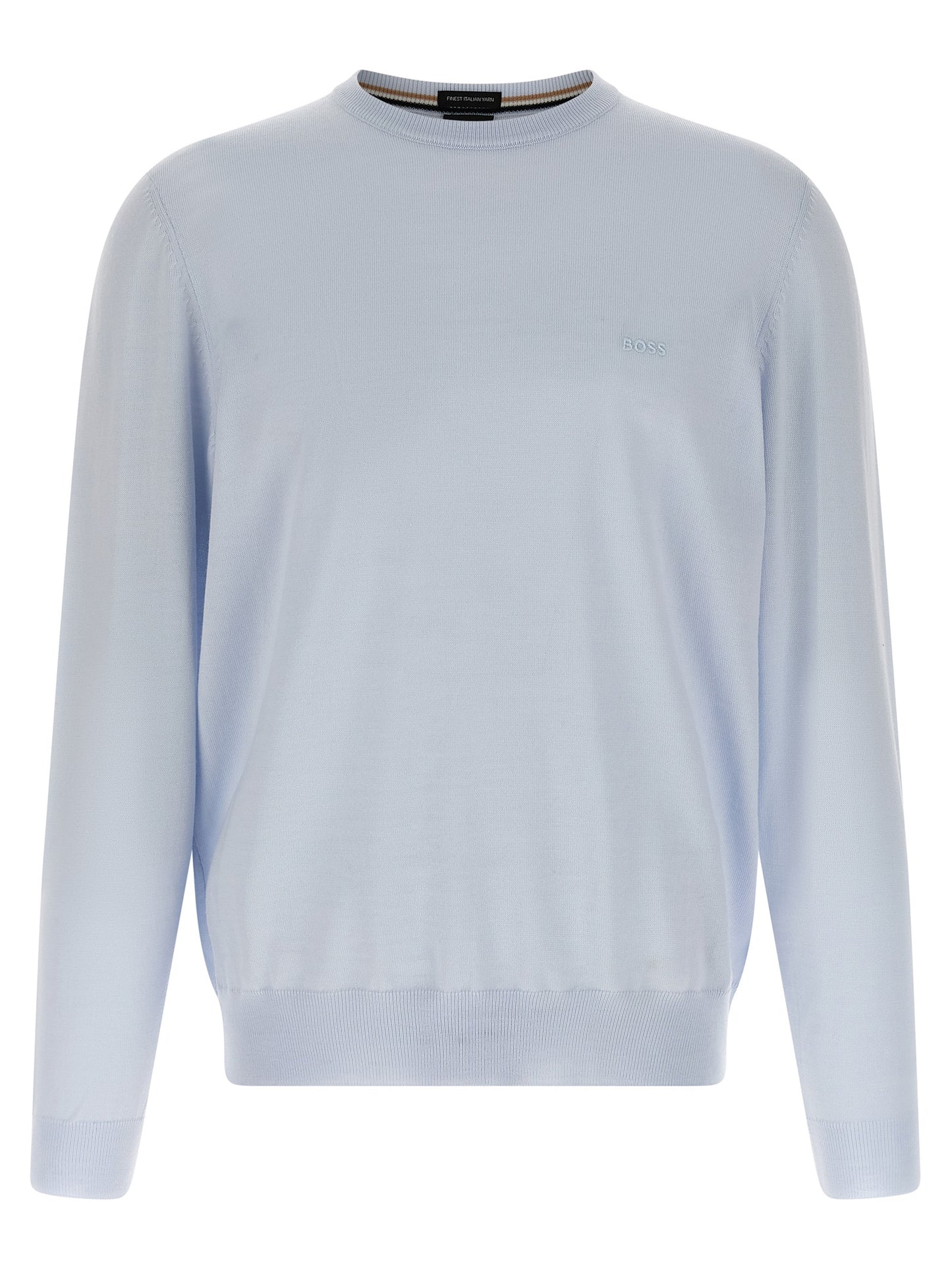 Cardigan by Hugo Boss for men in virgin wool light-blue features an impeccable silhouette, showcasing a sophisticated crew neckline and detail for a truly impeccable finish.