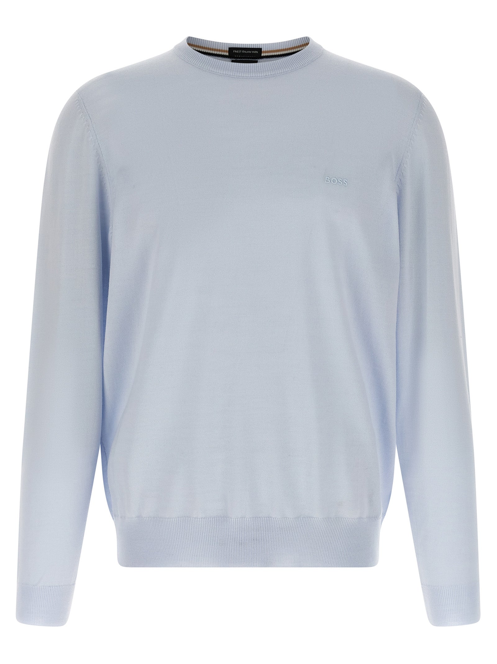 Cardigan by Hugo Boss for men in virgin wool light-blue features an impeccable silhouette, showcasing a sophisticated crew neckline and detail for a truly impeccable finish.
