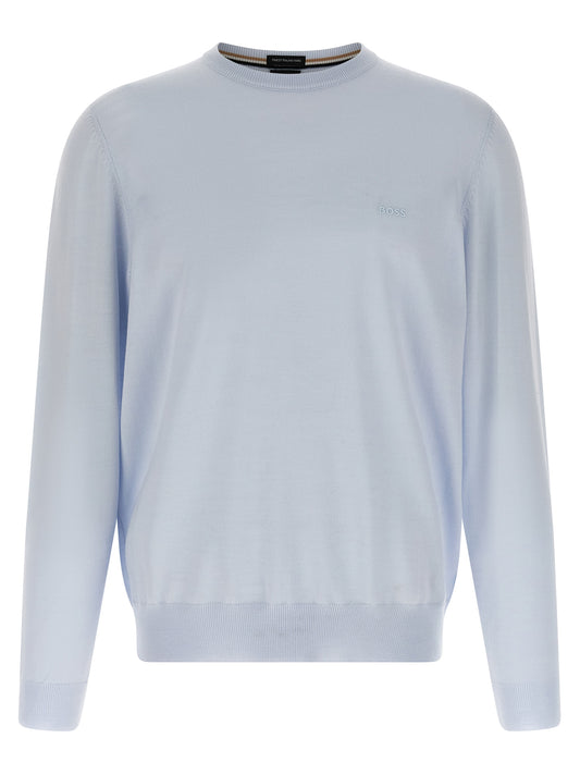 Cardigan by Hugo Boss for men in virgin wool light-blue features an impeccable silhouette, showcasing a sophisticated crew neckline and detail for a truly impeccable finish.