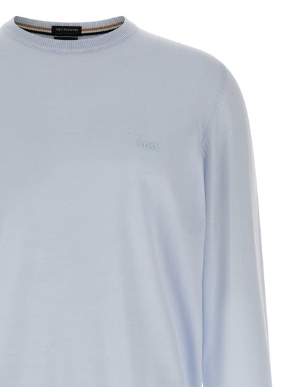 Cardigan by Hugo Boss for men in virgin wool light-blue features a dramatic silhouette, showcasing a sophisticated and dramatic detail for a timeless, premium look.