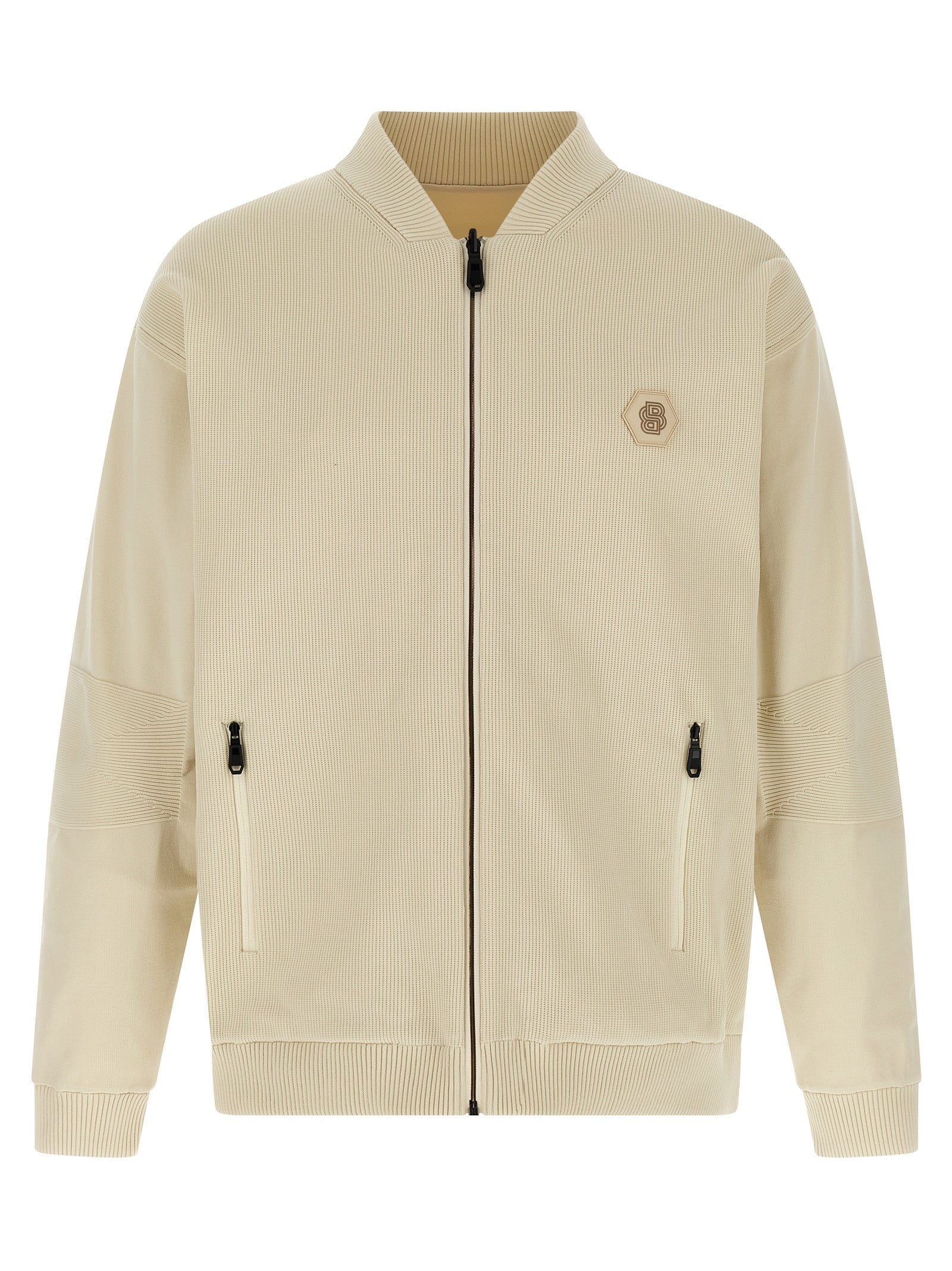 Bomber Jacket by Hugo Boss for men in polyamide beige showcases a bohemian silhouette, artfully detailed with a bohemian and signature pockets for a truly bohemian finish.