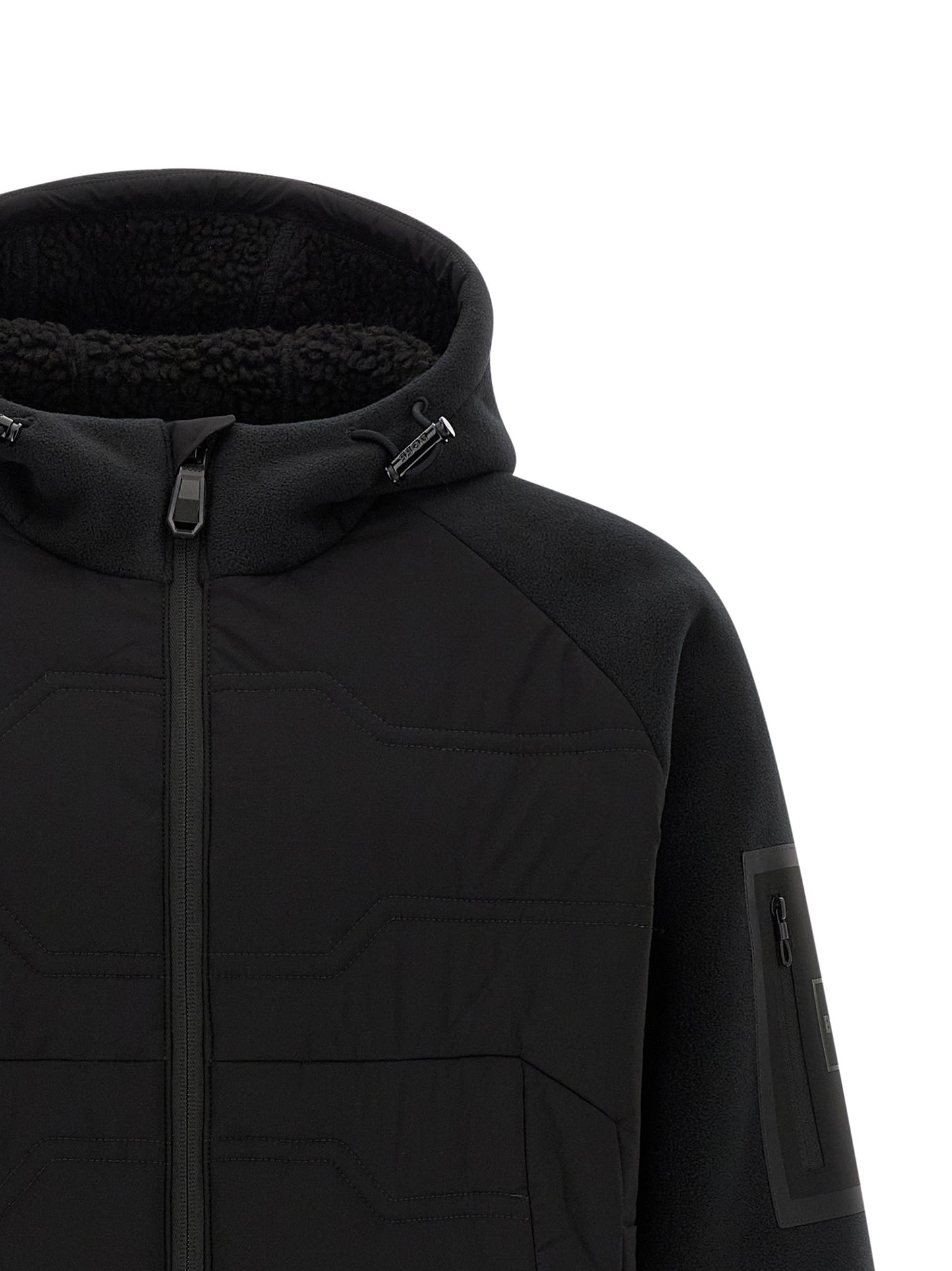 Hooded Vest by Hugo Boss for men in plush polyester black showcases a dynamic silhouette, perfectly balancing pockets, hooded & windproof with a dynamic hooded high-neck neckline for a sophisticated, high-fashion look.