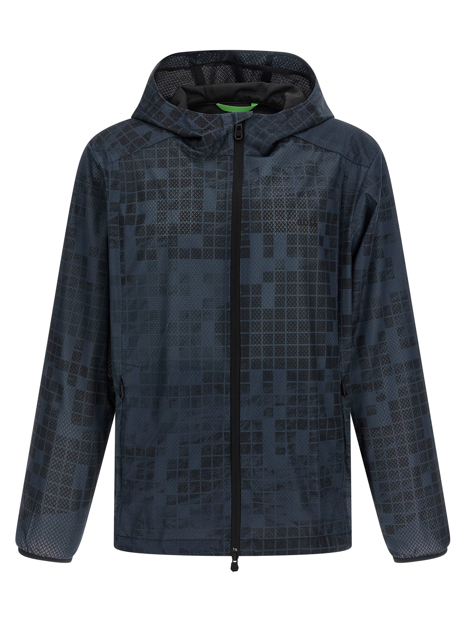 Hooded Windbreaker Jacket by Hugo Boss for men in rubber & fabric blue & patterned features an stylish silhouette, showcasing a sophisticated hooded high-neck neckline and performance-driven pockets, hooded & windproof for a premium, stylish look.