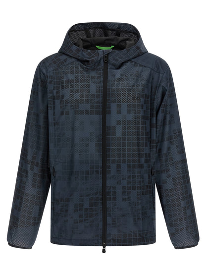 Hooded Windbreaker Jacket by Hugo Boss for men in rubber & fabric blue & patterned features an stylish silhouette, showcasing a sophisticated hooded high-neck neckline and performance-driven pockets, hooded & windproof for a premium, stylish look.