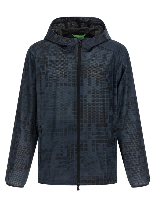 Hooded Windbreaker Jacket by Hugo Boss for men in rubber & fabric blue & patterned features an stylish silhouette, showcasing a sophisticated hooded high-neck neckline and performance-driven pockets, hooded & windproof for a premium, stylish look.