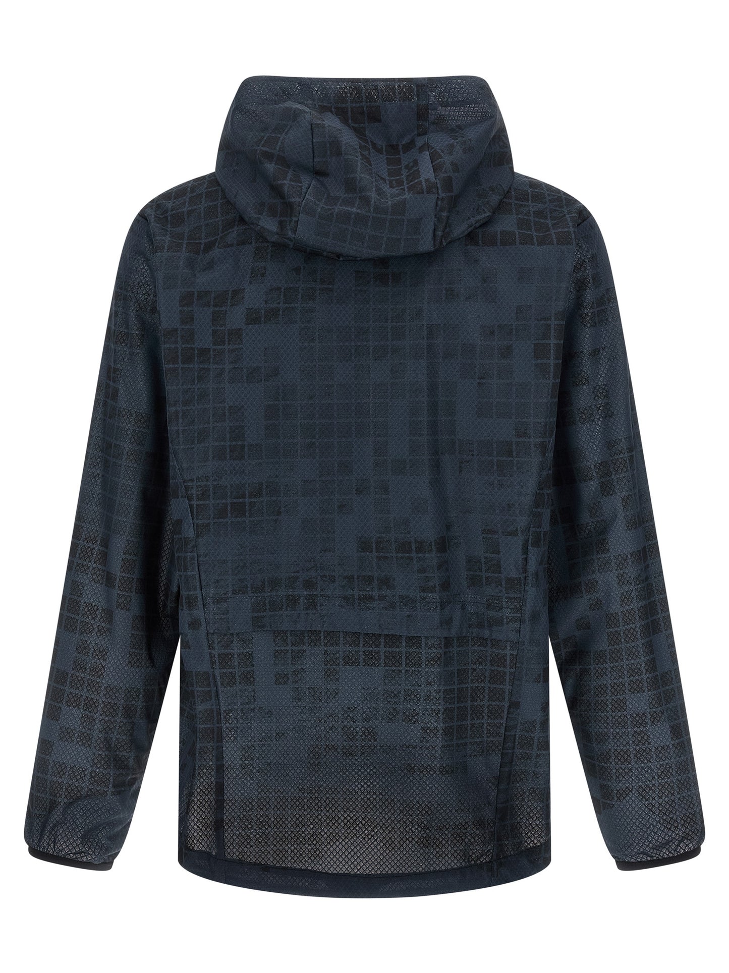 Hooded Windbreaker Jacket by Hugo Boss for men in rubber & fabric blue & patterned features an magnificent silhouette, showcasing the sophisticated hooded high-neck neckline and functional pockets, hooded & windproof for a premium, magnificent look.